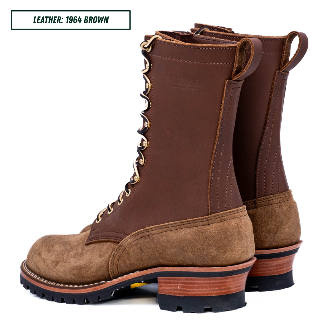A pair of lace-up work boots in brown leather and suede, shown from a side profile view on a white background. A text label in the top-left corner reads 'LEATHER: 1964 BROWN'.