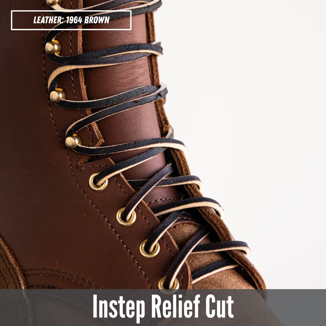 Close-up of a brown leather lace-up boot showing the instep relief cut and black laces threaded through brass eyelets, with text labels reading 'LEATHER-1964 BROWN' and 'Instep Relief Cut'.