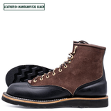 Two tone boots with dark brown roughout uppers and glossy black lowers on a white background. One boot sits upright with the other laying on its side showing the black wedge outsole. Top left reads 'LEATHER:64 MAHOGANY/CXL BLACK'