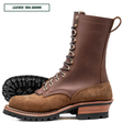 A brown leather and suede work boot shown on a white background, with a second boot turned to show the sole behind it. Text in the top left reads 'LEATHER: 1964 BROWN'.