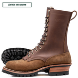 A brown leather and suede work boot shown on a white background, with a second boot turned to show the sole behind it. Text in the top left reads 'LEATHER: 1964 BROWN'.