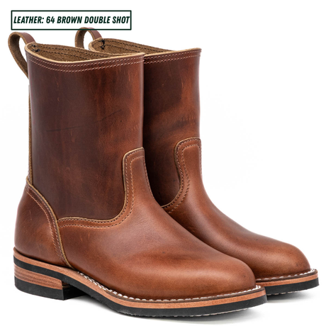 Brown leather pull on boots sitting together in front of white background. Text in the top left reads 'LEATHER: 64 BROWN DOUBLE SHOT'.