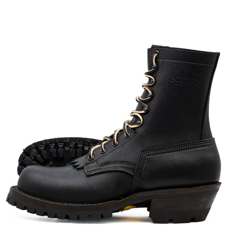A pair of black leather lace-up combat boots with tan laces and a rugged dark sole, shown on a clean white background.