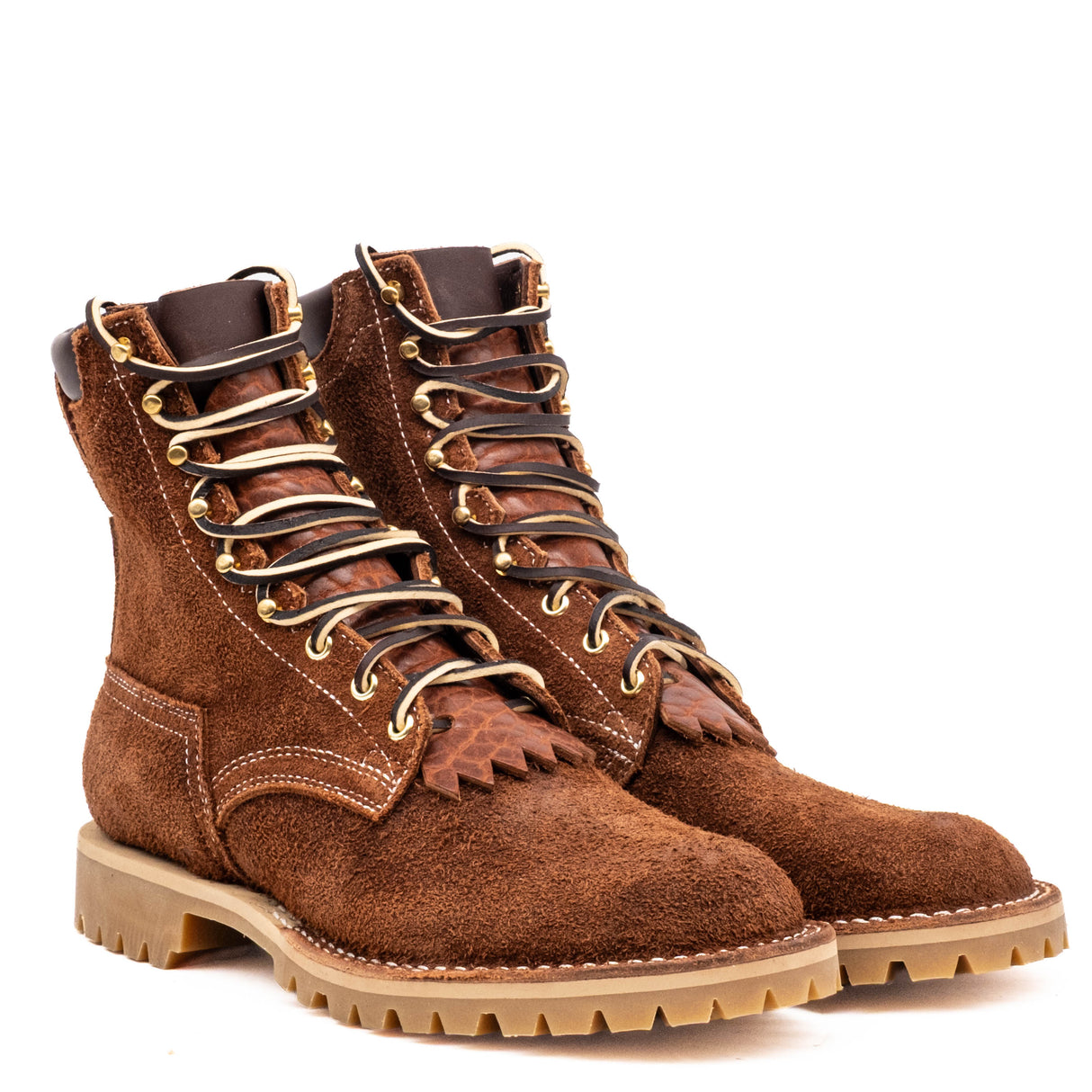 Shrunken bison brown leather Bear Slayer with brown padded collar, honey vibram outsole and 4 relief notches.