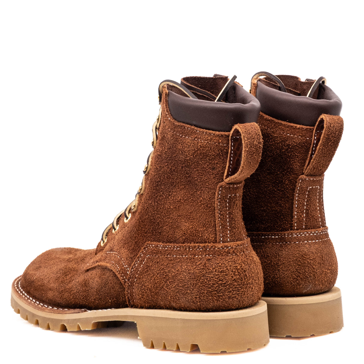 Shrunken bison brown leather Bear Slayer with brown padded collar, honey vibram outsole and 4 relief notches.