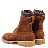 Shrunken bison brown leather Bear Slayer with brown padded collar, honey vibram outsole and 4 relief notches.