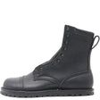 A single black leather lace-up ankle boot with a pull tab, shown in a side profile view against a plain white background.