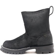8 inch, black leather, wellington model boot, with a black lug sole and black edge color.