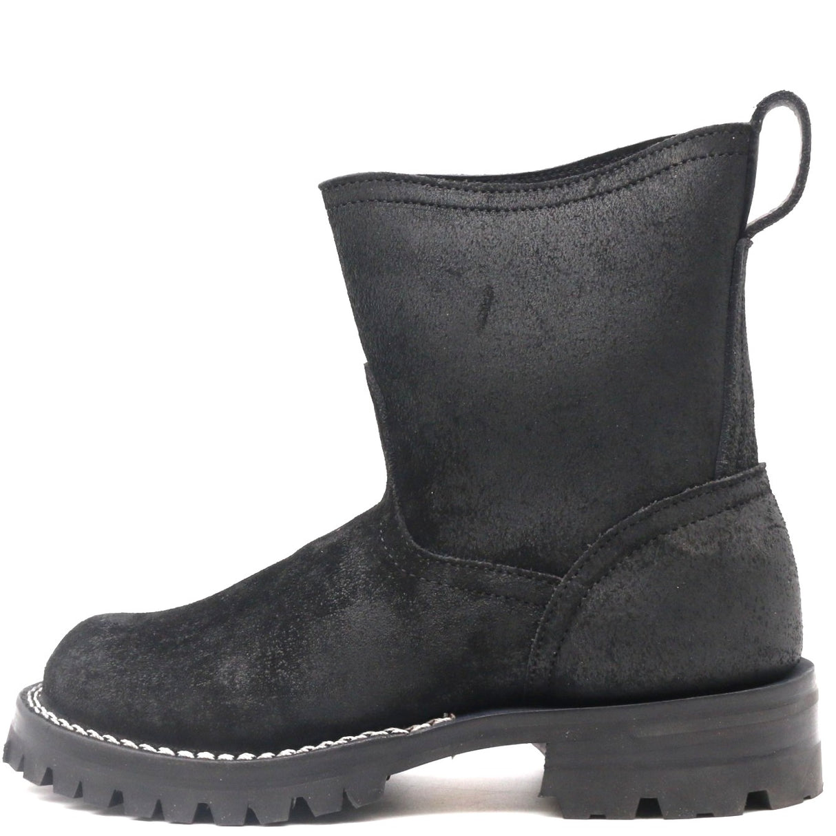 8 inch, black leather, wellington model boot, with a black lug sole and black edge color.