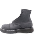 A dark gray leather lace-up ankle boot with silver metal eyelets, white contrast stitching, and a rugged black sole, shown from a side profile on a white background.