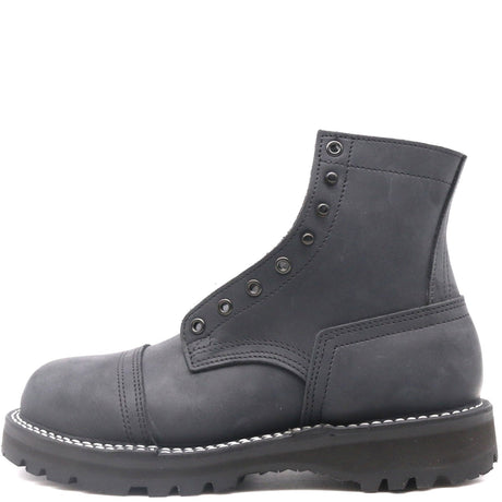 A dark gray leather lace-up ankle boot with silver metal eyelets, white contrast stitching, and a rugged black sole, shown from a side profile on a white background.