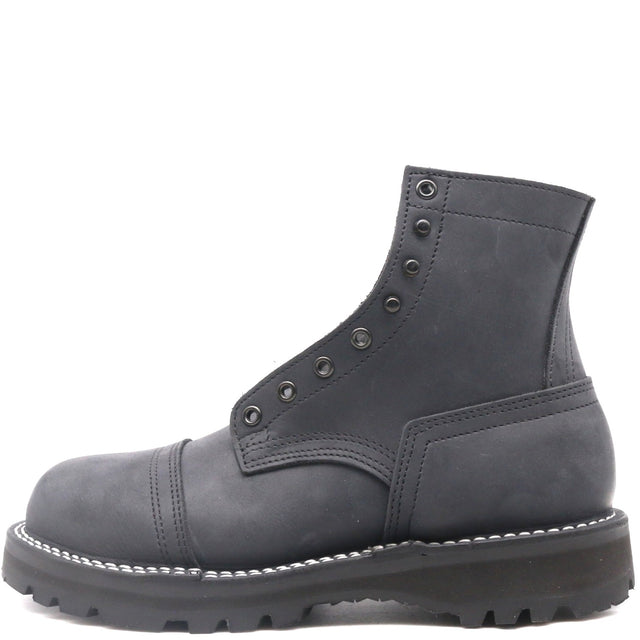 A dark gray leather lace-up ankle boot with silver metal eyelets, white contrast stitching, and a rugged black sole, shown from a side profile on a white background.