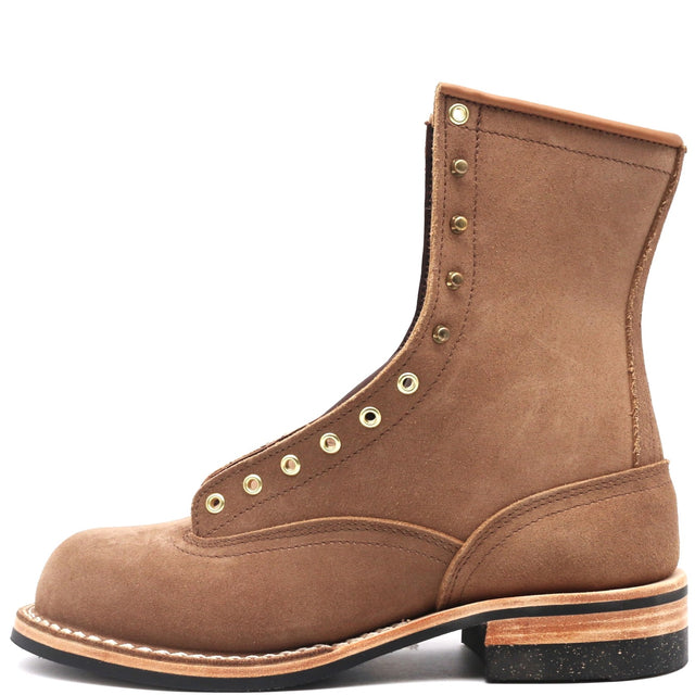 10" all boot with tan roughout leather and a beeswax edge. Last toe toe pattern