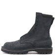 A dark charcoal gray suede lace-up ankle boot with metal eyelets and a rugged sole, shown from a side profile on a white background.
