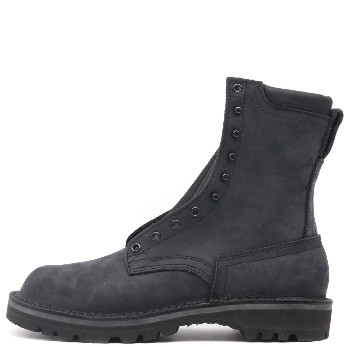 A dark charcoal gray suede lace-up ankle boot with metal eyelets and a rugged sole, shown from a side profile on a white background.