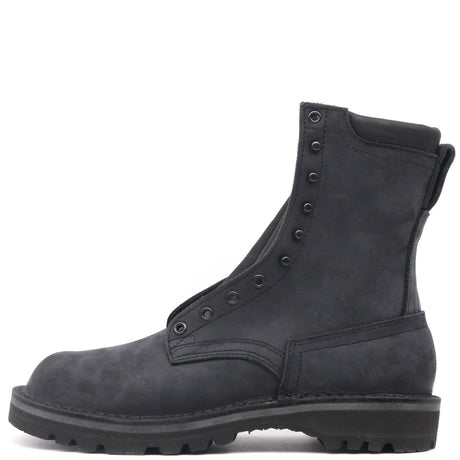 A dark charcoal gray suede lace-up ankle boot with metal eyelets and a rugged sole, shown from a side profile on a white background.