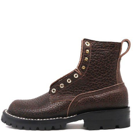 A dark brown textured leather lace-up boot with gold-tone eyelets and a thick black lug sole, shown from a side profile on a white background.