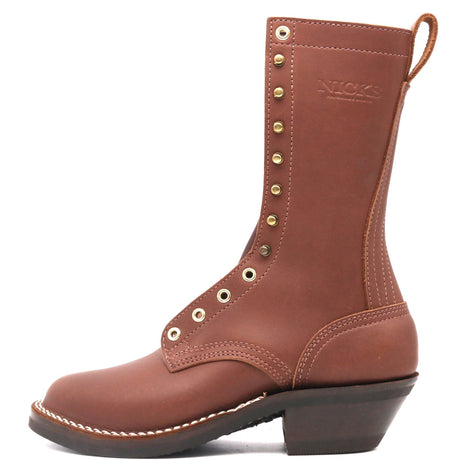 A brown leather mid-calf boot with decorative brass grommets, a low dark brown heel, and white contrast stitching, shown from a side profile on a white background.