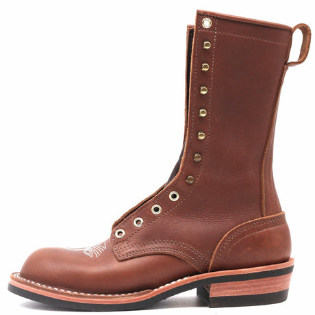 A brown leather mid-calf boot with decorative metal eyelets and studs, a pull loop at the top, and a stacked leather heel, shown from a side profile on a white background.