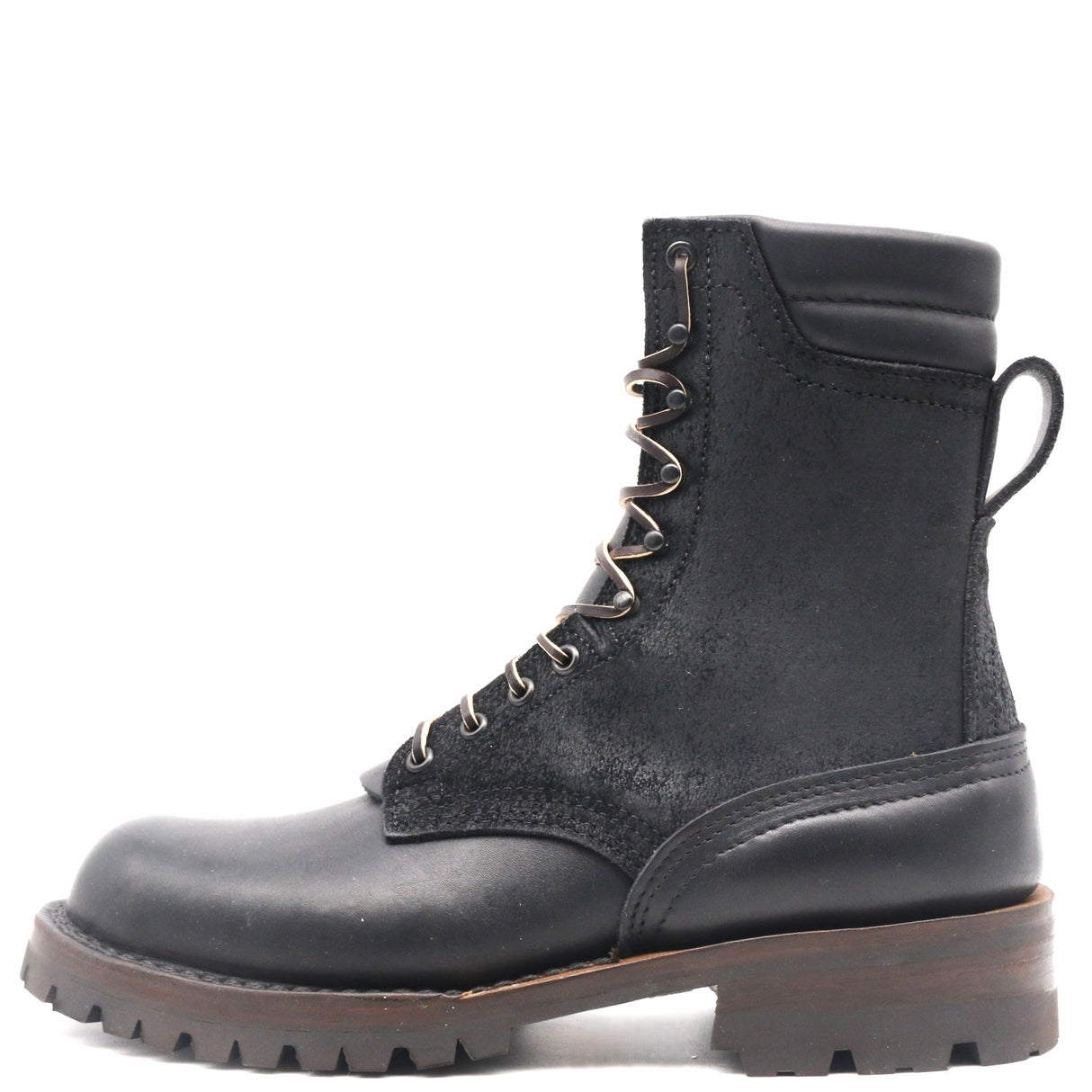 A black leather lace-up ankle boot with a rugged lug sole and metal eyelets, shown from a side profile on a white background.