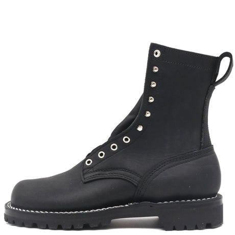 Black zero drop boot with nickel plated hardware, white sole stitching, and a black unit lug outsole.