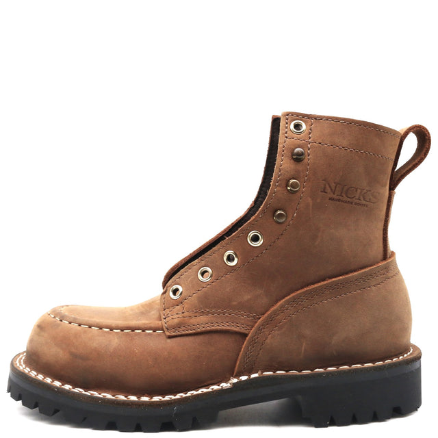 Brown work boot with visible brand name on a white background