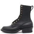Black eight inch leather boot with black heritage outsole, black edge color and brass hardware.