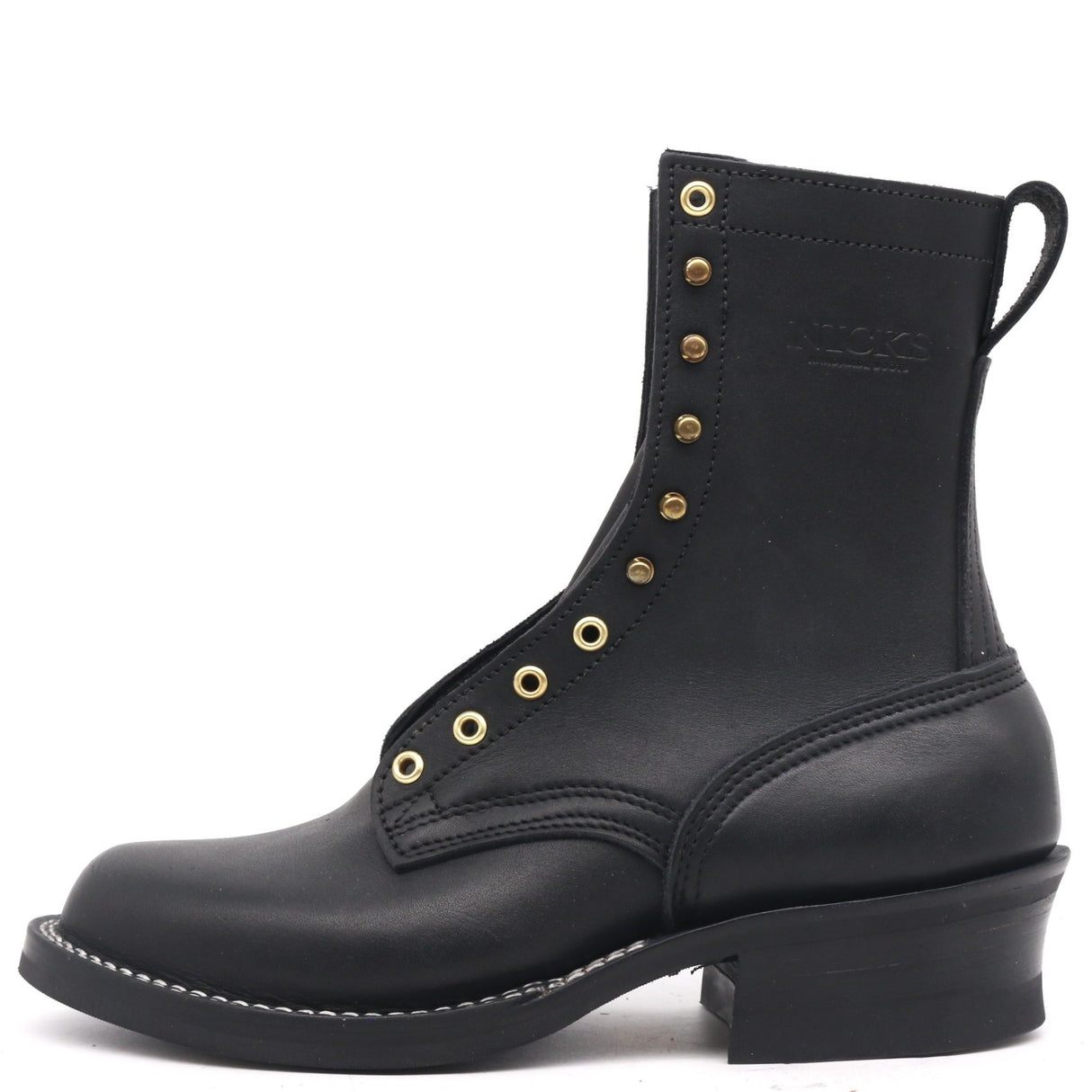 Black eight inch leather boot with black heritage outsole, black edge color and brass hardware.