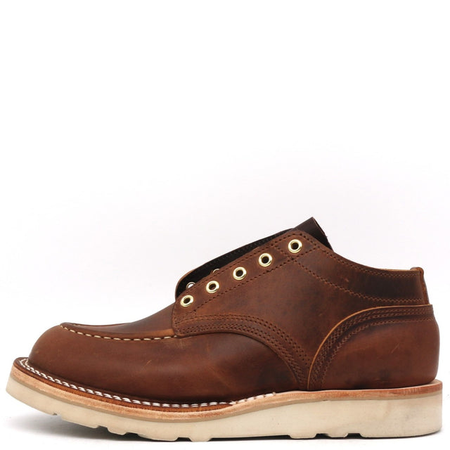 A brown leather lace-up ankle boot with cream-colored stitching and a thick off-white sole, shown from a side profile on a white background.