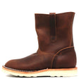 A dark brown leather ankle boot with a pull strap on the side, shown in profile against a white background.