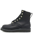 A black leather ankle boot with gold-tone metal eyelets, a pull tab, and a thick black sole, shown from a side profile view on a white background.