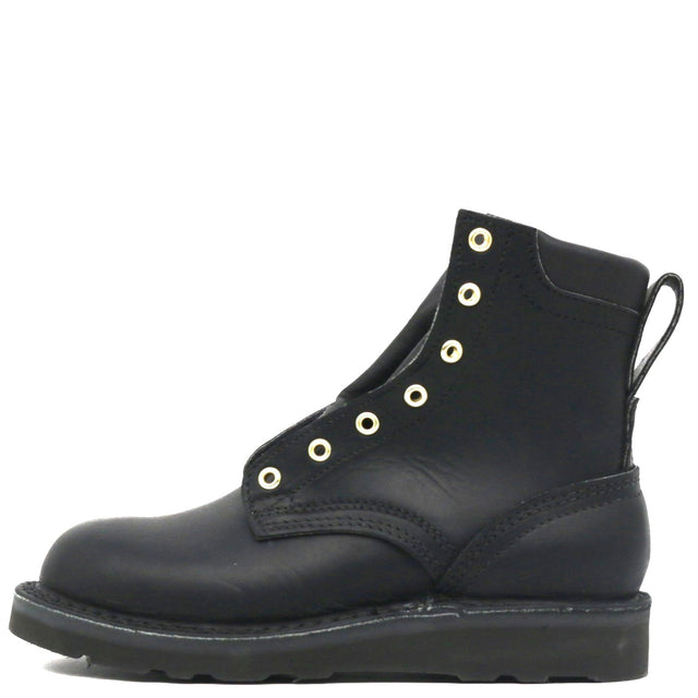 A black leather ankle boot with gold-tone metal eyelets, a pull tab, and a thick black sole, shown from a side profile view on a white background.