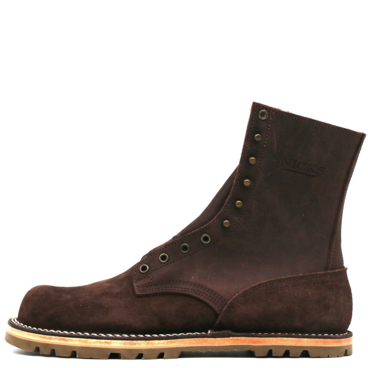 A dark brown suede lace-up boot shown in a side profile view against a plain white background.