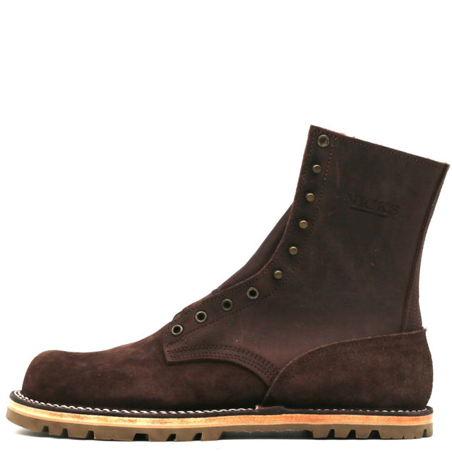 A dark brown suede lace-up boot shown in a side profile view against a plain white background.