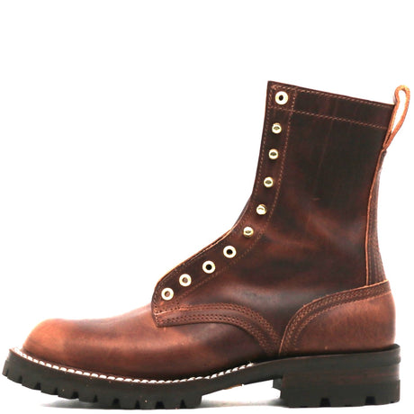 A single brown leather lace-up ankle boot with brass eyelets, white contrast stitching, and a black lug sole, shown from a side profile on a white background.