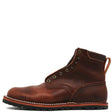 A single brown leather ankle boot with metal eyelets, a pull tab, and a black lug sole, shown from a side profile on a white background.