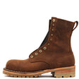 A brown leather lace-up boot with brass eyelets, a pull tab, and a rugged lug sole, shown from a side profile on a white background.