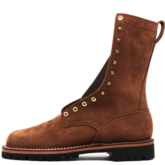 A brown suede mid-calf work boot with gold-tone metal eyelets and studs, a black sole, and a pull tab on the heel, shown from a side profile against a white background.