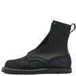 A black leather and suede lace-up ankle boot with metal eyelets, white contrast stitching along the sole, and a pull tab at the heel, shown from a side profile on a white background.