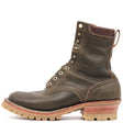 A darker green leather lace-up ankle boot with brass eyelets and studs, a pull tab, and a stacked lug sole with a tan and reddish-brown heel, shown against a plain white background.