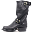 A black pebbled leather mid-calf boot with buckle straps, shown from a side profile on a white background.