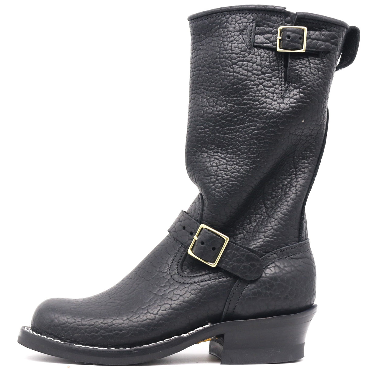A black pebbled leather mid-calf boot with buckle straps, shown from a side profile on a white background.
