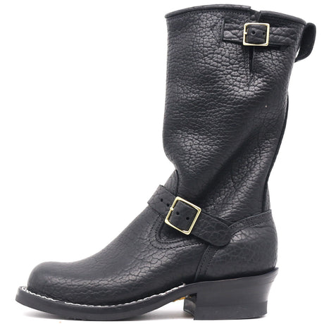 A black pebbled leather mid-calf boot with buckle straps, shown from a side profile on a white background.