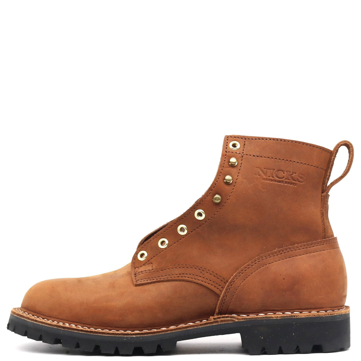 A single brown suede lace-up work boot with brass eyelets, a pull tab, and a black lug sole, shown from a side profile on a white background.