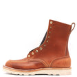 A single brown leather lace-up ankle boot with brass eyelets, a pull tab, and a thick off-white sole, shown from a side profile on a white background.
