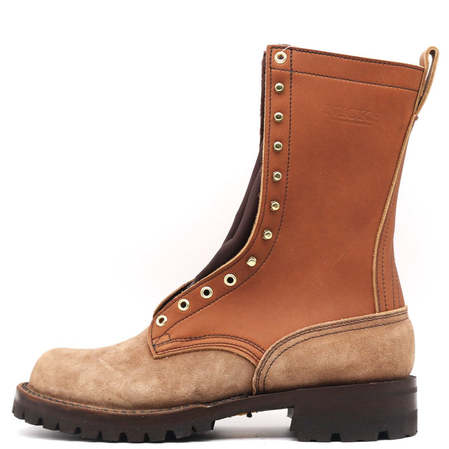 A mid-calf lace-up boot in tan and brown leather with brass eyelets, a dark brown sole, and a pull tab at the heel, shown from a side profile on a white background.