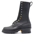 A black leather lace-up combat boot with gold-tone metal eyelets and studs, a thick lug sole, and a pull tab at the heel, shown from a side profile on a white background.