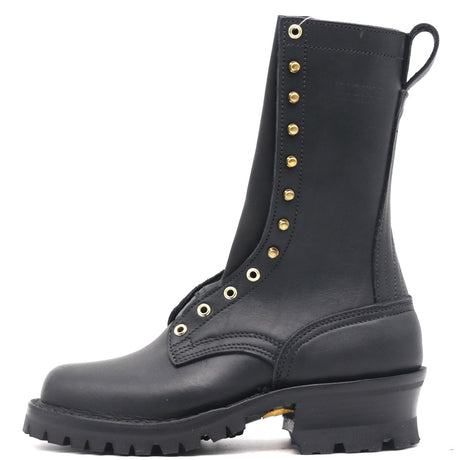 A black leather lace-up combat boot with gold-tone metal eyelets and studs, a thick lug sole, and a pull tab at the heel, shown from a side profile on a white background.