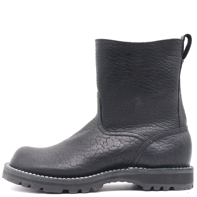A single black leather ankle boot with a textured, pebbled finish, elastic side gore, and a rugged lug sole, shown from a side profile on a white background.