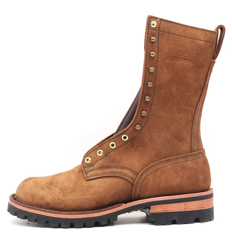 A brown suede lace-up work boot with brass eyelets and a rugged black sole, shown from a side profile on a white background.